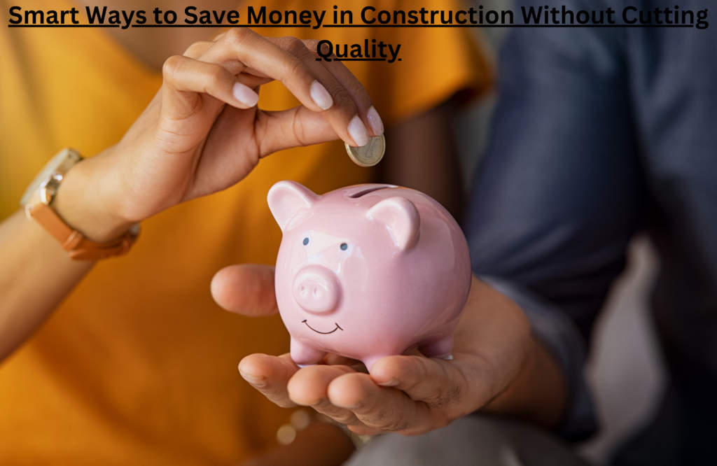 A person placing a coin into a pink piggy bank held by another person, symbolizing cubic cost-saving strategies. The text at the top reads 'Smart Ways to Save Money in Construction Without Cutting Quality.
