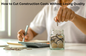 A person calculating expenses while saving coins in a glass jar, representing cost-saving strategies in construction without losing quality.