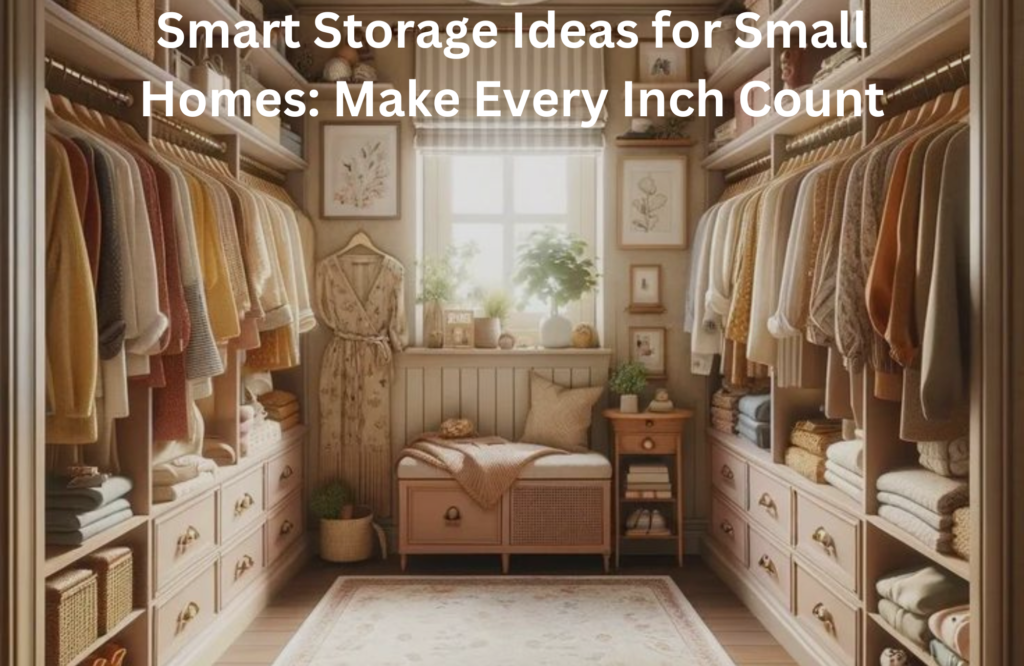 Organized small walk-in closet with built-in drawers, hanging clothes, and cozy window seating, showing smart storage ideas for small homes."